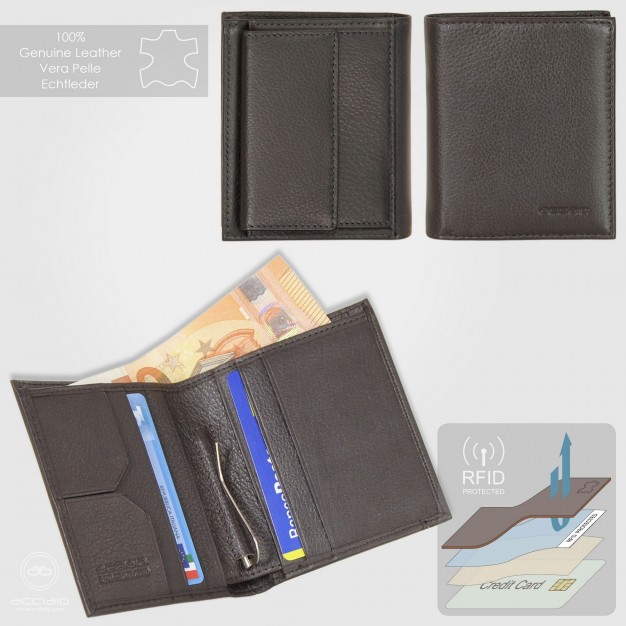 Men's Small Leather Wallet with Money Clip and Coin Pocket Brown/Moka| Acciaio Men's Small Leather Wallet with Money Clip and Coin Pocket Brown/Moka