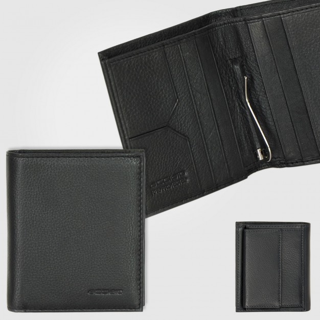 Portafoglio uomo piccolo con fermasoldi clip e portamonete in pelle Nero | Acciaio Portafoglio uomo piccolo con fermasoldi clip e portamonete in pelle Nero