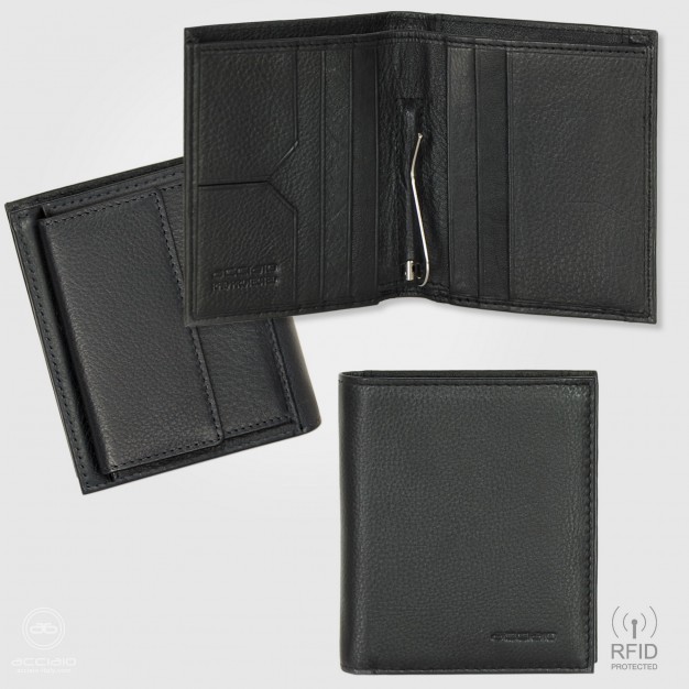 Portafoglio uomo piccolo con fermasoldi clip e portamonete in pelle Nero | Acciaio Portafoglio uomo piccolo con fermasoldi clip e portamonete in pelle Nero