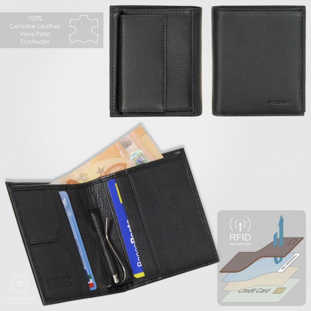Portafoglio uomo piccolo con fermasoldi clip e portamonete in pelle Nero | Acciaio Portafoglio uomo piccolo con fermasoldi clip e portamonete in pelle Nero