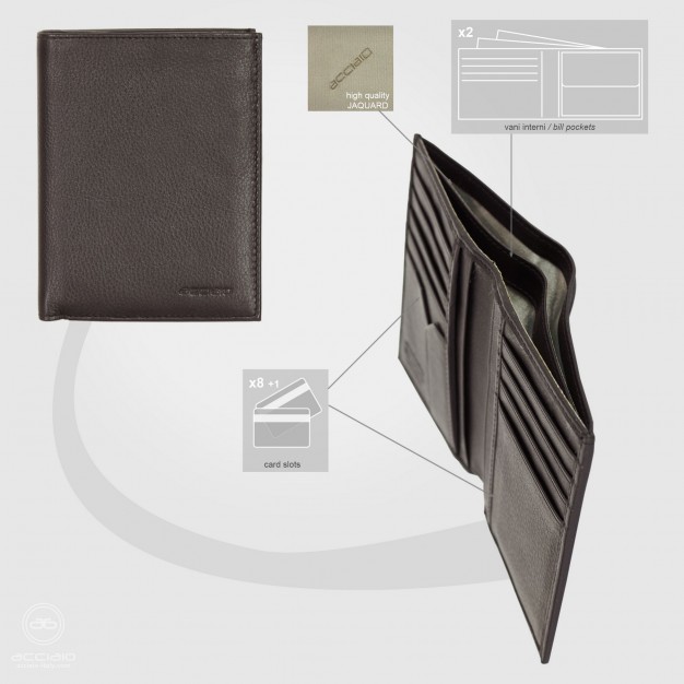 Portafoglio Uomo Verticale in Pelle Marrone/Moka con 9 carte di credito | Acciaio Portafoglio Uomo Verticale in Pelle Marrone/Moka con 9 carte di credito