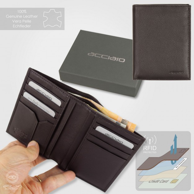 Portafoglio Uomo Verticale in Pelle Marrone/Moka con 9 carte di credito | Acciaio Portafoglio Uomo Verticale in Pelle Marrone/Moka con 9 carte di credito