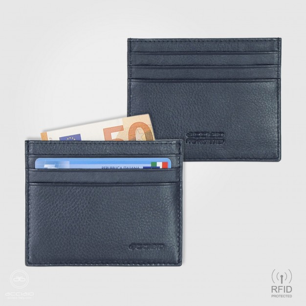 Credit card holder in Blue leather with banknote pocket and Rfid