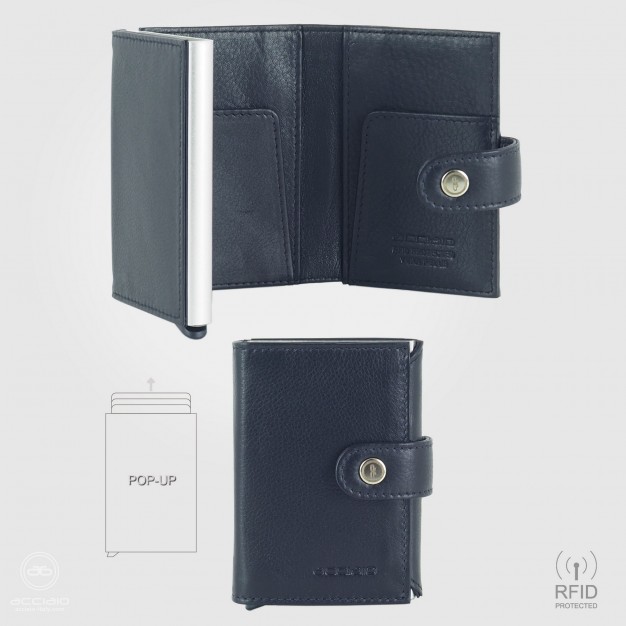 Portafoglio uomo Pop Up in pelle soft Blu con portacarte RFID | Acciaio Portafoglio uomo Pop Up in pelle soft Blu con portacarte RFID