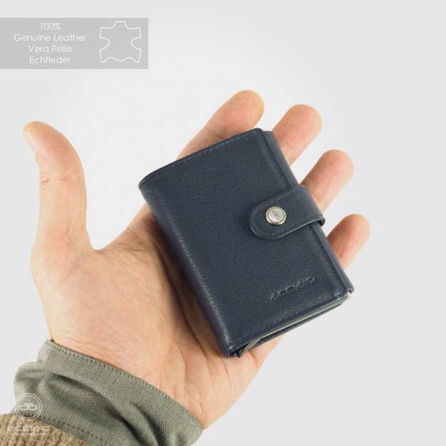 Portafoglio uomo Pop Up in pelle soft Blu con portacarte RFID | Acciaio Portafoglio uomo Pop Up in pelle soft Blu con portacarte RFID