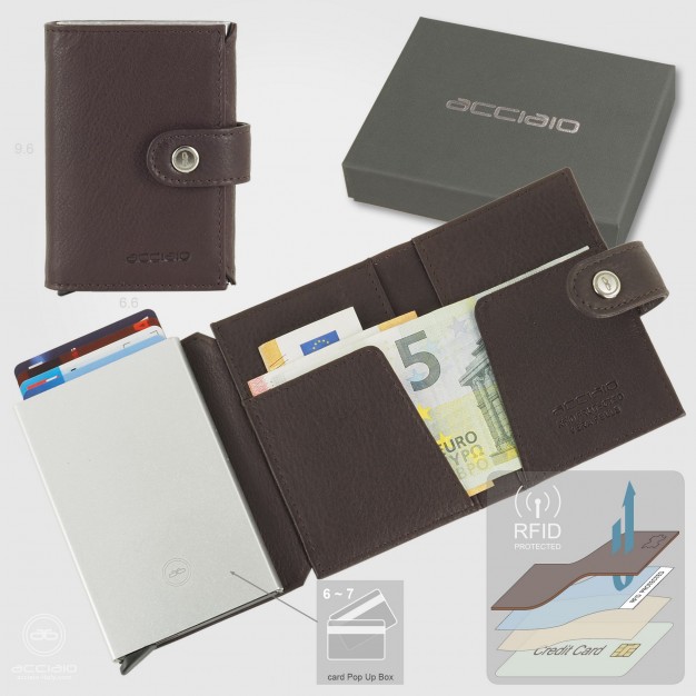 Portafoglio uomo Pop Up in pelle soft Marrone/Moka con portacarte RFID | Acciaio Portafoglio uomo Pop Up in pelle soft Marrone/Moka con portacarte RFID