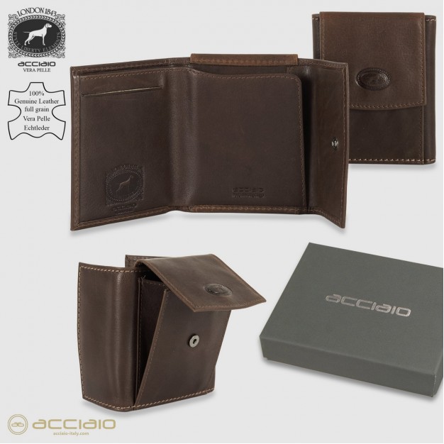 Men's minimal wallet compact coin pocket in leather Moka/Brown