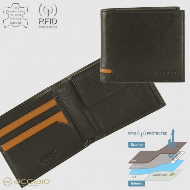 Men's small wallet in leather 7 cards with coin pocket Moka