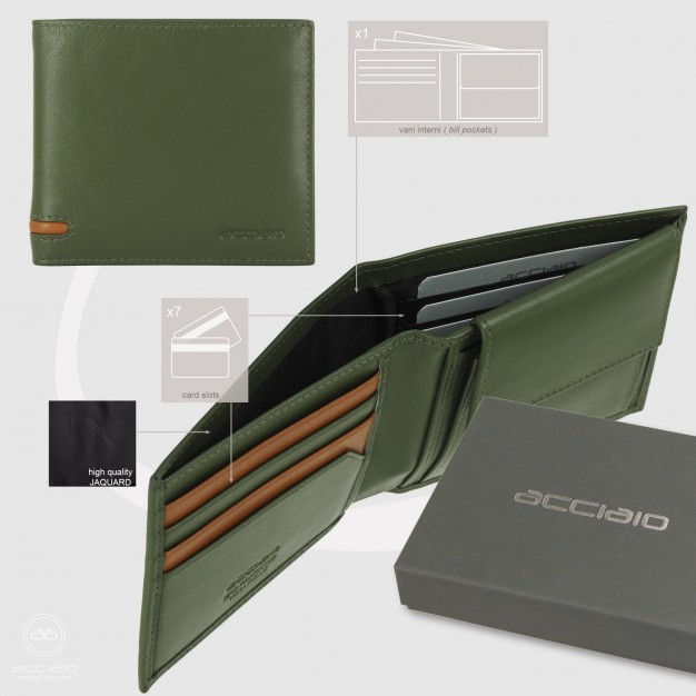 Portafoglio piccolo da uomo 7 carte e portamonete Verde