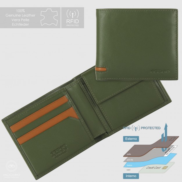Portafoglio piccolo da uomo 7 carte e portamonete Verde