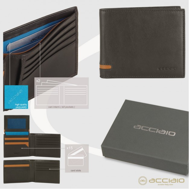 Portafoglio da uomo con 15 carte di credito e patta, Marrone