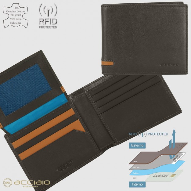 Portafoglio da uomo con 15 carte di credito e patta, Marrone