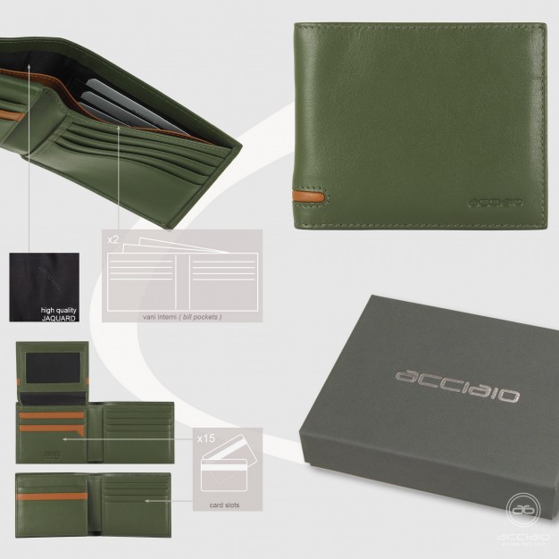 Portafoglio da uomo con 15 carte di credito e patta, Verde