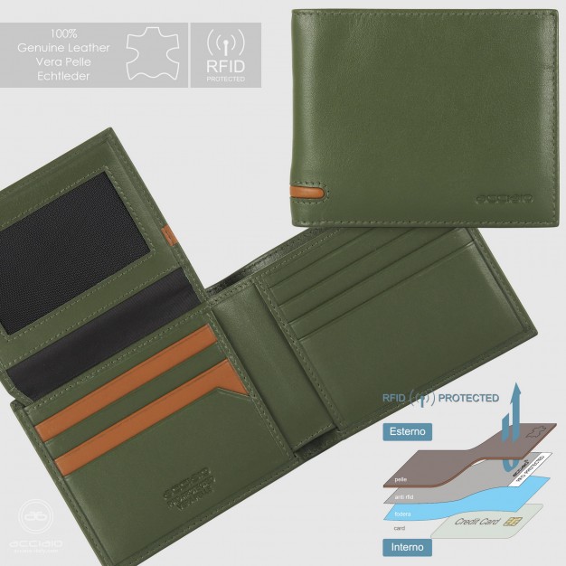 Portafoglio da uomo con 15 carte di credito e patta, Verde