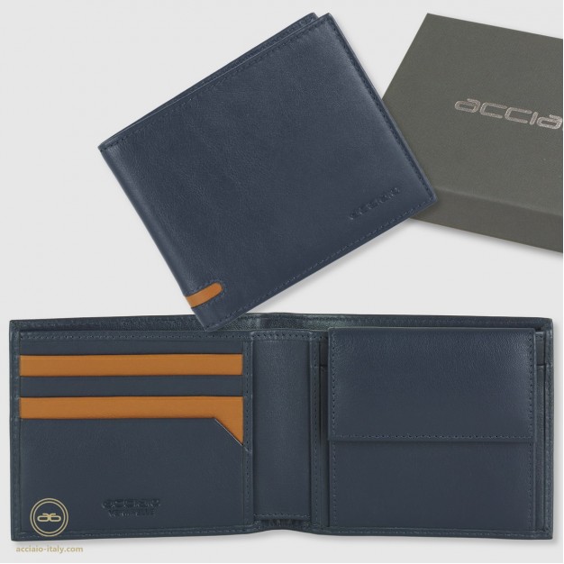 Men's wallet in leather with 7 cards and coin pocket, Blue