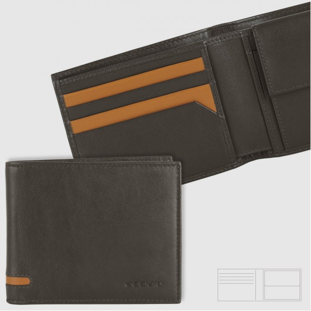 Men's wallet in leather with 7 cards and coin pocket, Brown