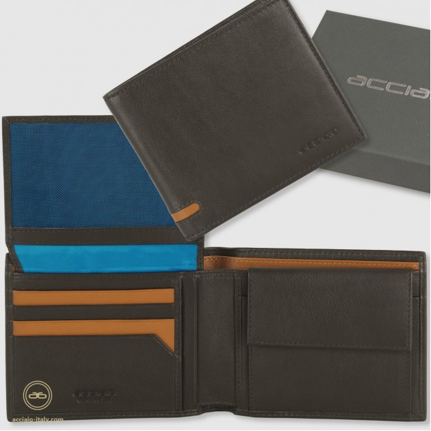 Men's wallet classic in leather 10 cards, coin pocket and flap, Moka/Brown