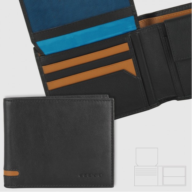 Men's wallet classic in leather 10 cards, coin pocket and flap, Black