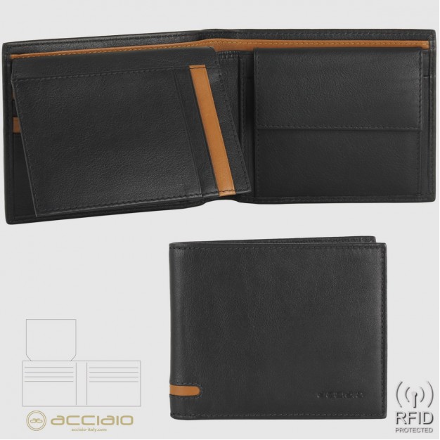 Men's wallet classic in leather 10 cards, coin pocket and flap, Black