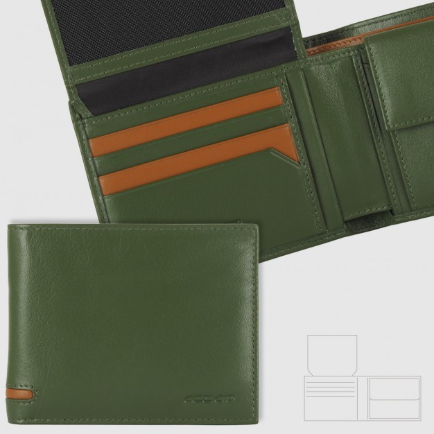 Portafoglio da uomo classico 10 carte, portamonete e patta, Verde