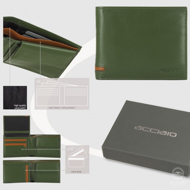 Portafoglio da uomo classico 10 carte, portamonete e patta, Verde