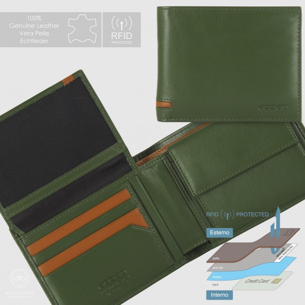Portafoglio da uomo classico 10 carte, portamonete e patta, Verde