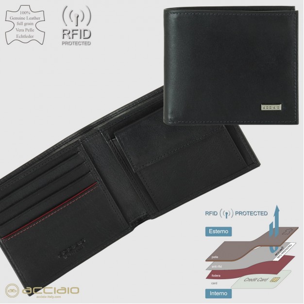 Men's Small Wallet with coin pocket in Smooth leather Black