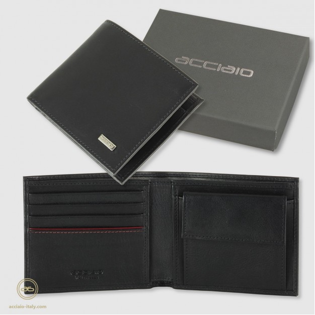 Men's Small Wallet with coin pocket in Smooth leather Black