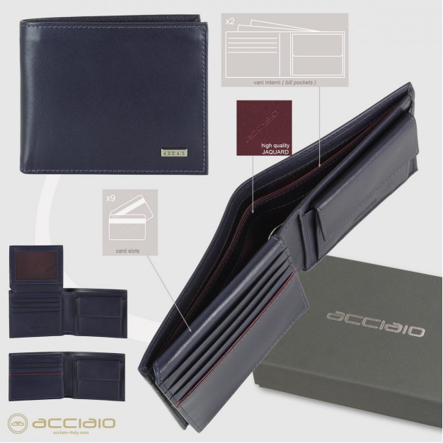 Men's medium Wallet, coin pocket and flap, Smooth leather Ink Blue