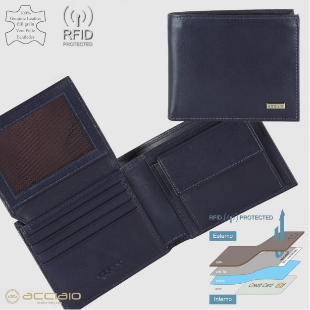 Men's medium Wallet, coin pocket and flap, Smooth leather Ink Blue