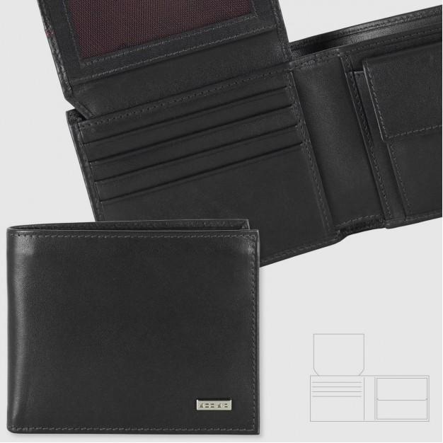 Men's medium Wallet, coin pocket and flap, Smooth leather Black