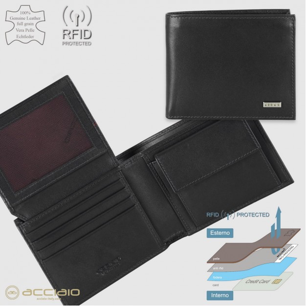 Men's medium Wallet, coin pocket and flap, Smooth leather Black