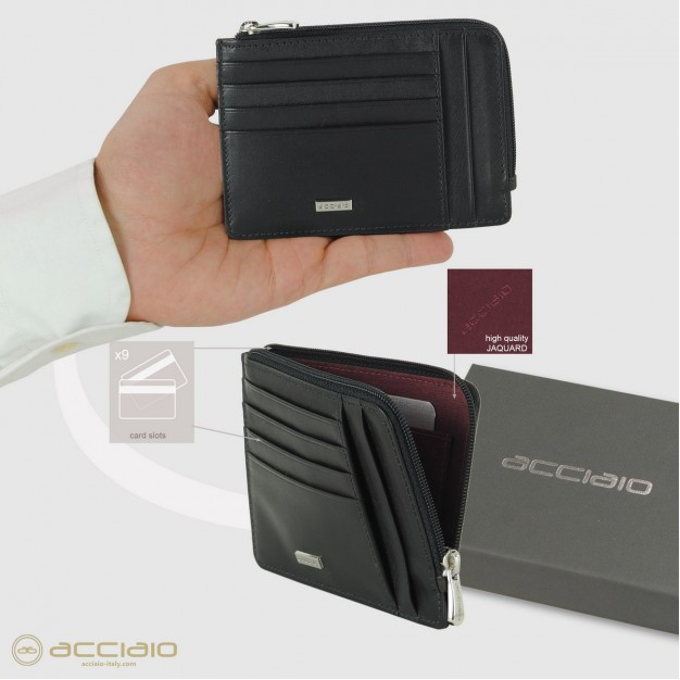 Credit card holder zip slim wallet in Smooth leather Black