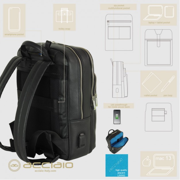 Laptop small backpack Zip 13" leather Black