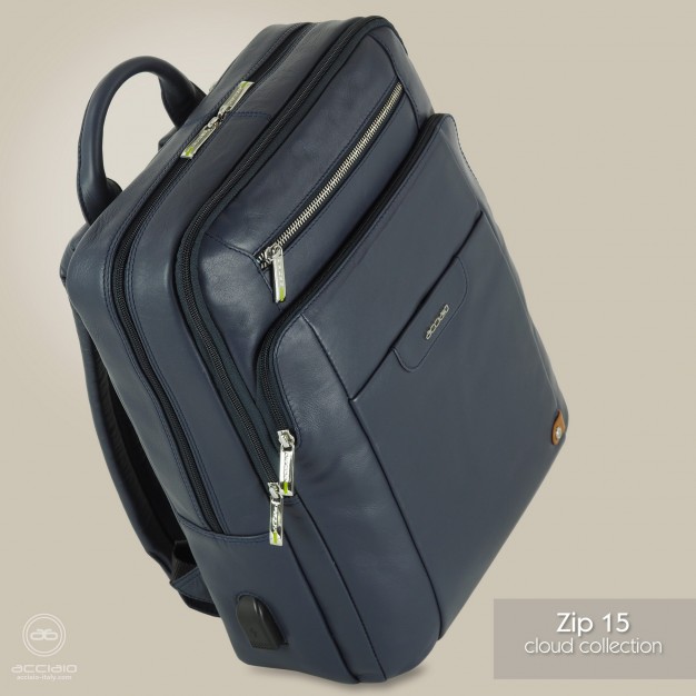 Laptop backpack Zip 15" leather Blue Laptop backpack Zip 15" leather Blue