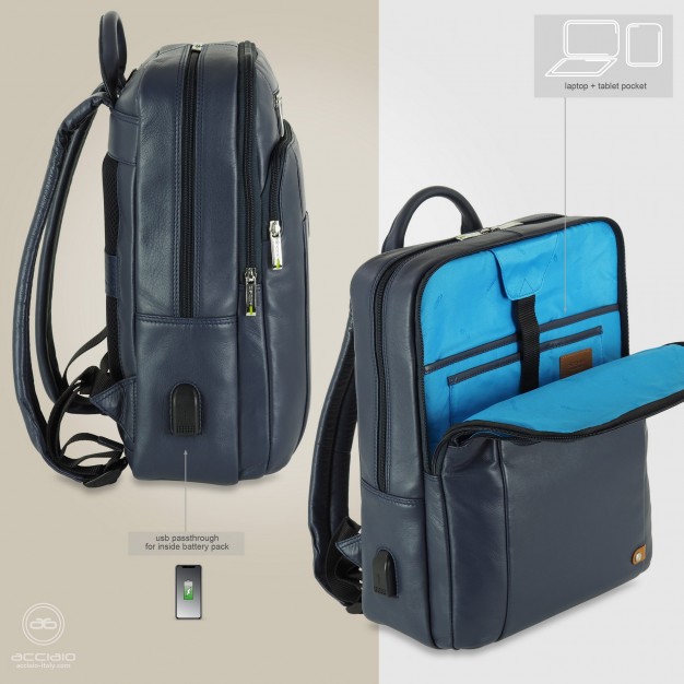 Laptop backpack Zip 15" leather Blue Laptop backpack Zip 15" leather Blue