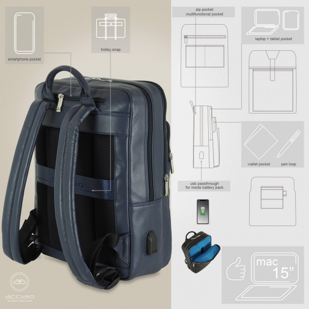 Laptop backpack Zip 15" leather Blue Laptop backpack Zip 15" leather Blue