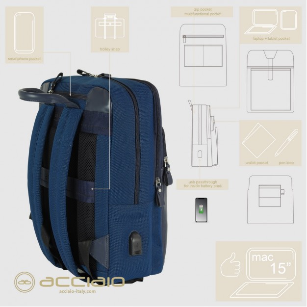 Laptop backpack Zip 15" fabric and leather Navy Blue
