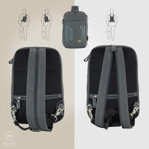 Monospalla uomo zaino piccolo Jet tessuto e pelle Grigio Monospalla uomo zaino piccolo Jet tessuto e pelle Grigio