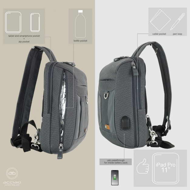 Monospalla uomo zaino piccolo Jet tessuto e pelle Grigio Monospalla uomo zaino piccolo Jet tessuto e pelle Grigio