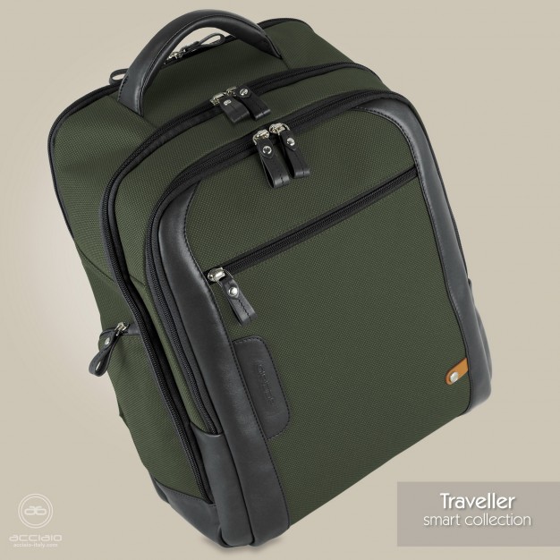 Zaino cabin bag pc 15" Traveller tessuto e pelle Verde
