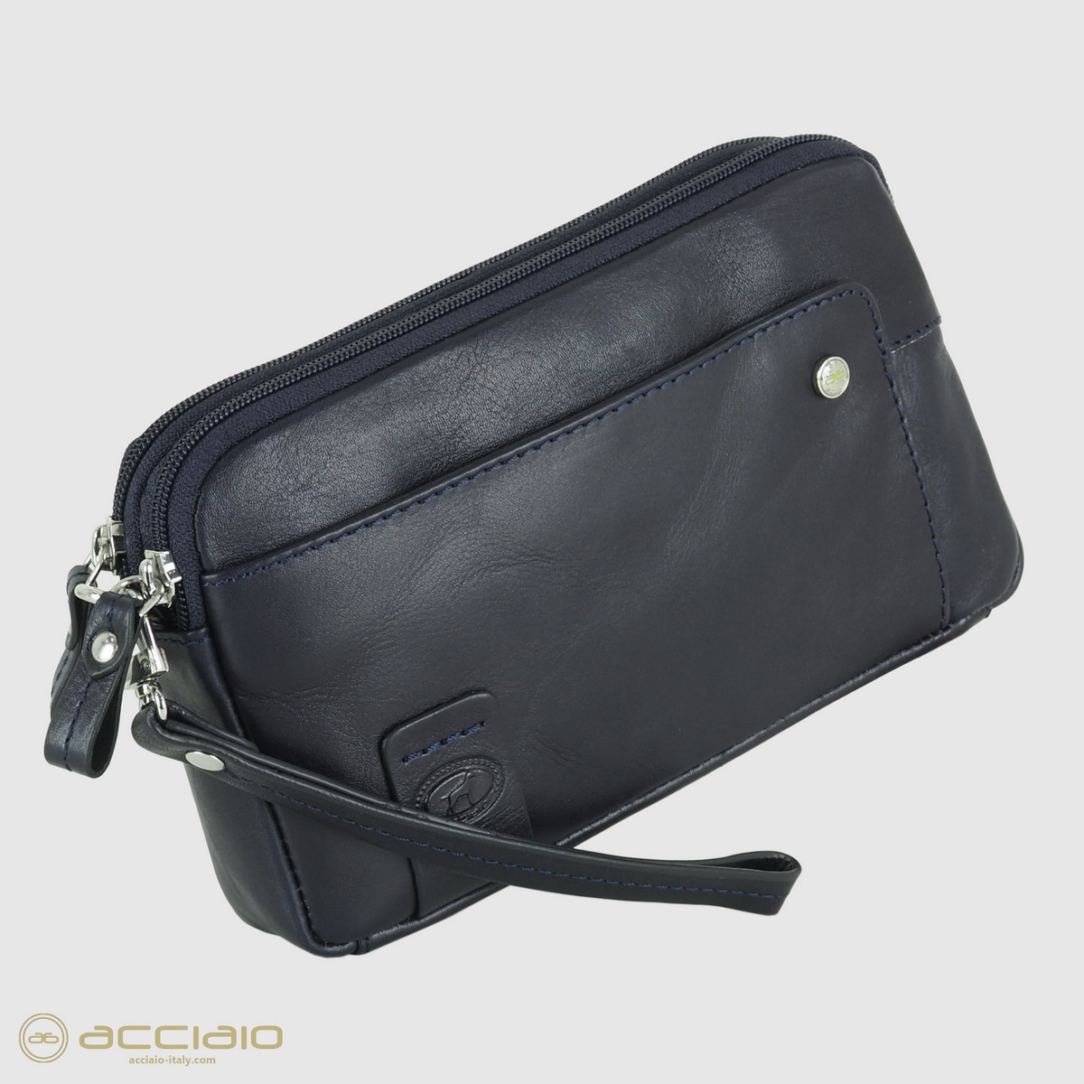 men's wrist bag 2 zip wristlet handbag in leather blue