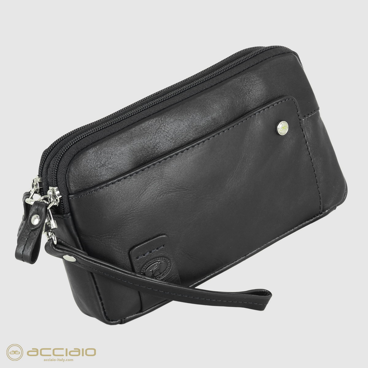 men's wrist bag 2 zip wristlet handbag in leather black