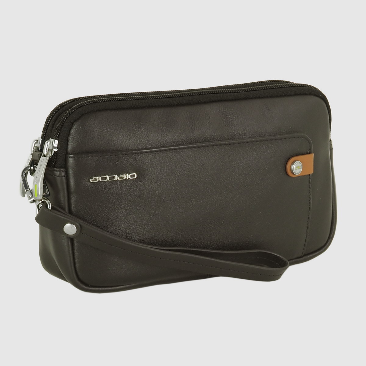 men's wrist bag handbag with 2 zip in leather brown