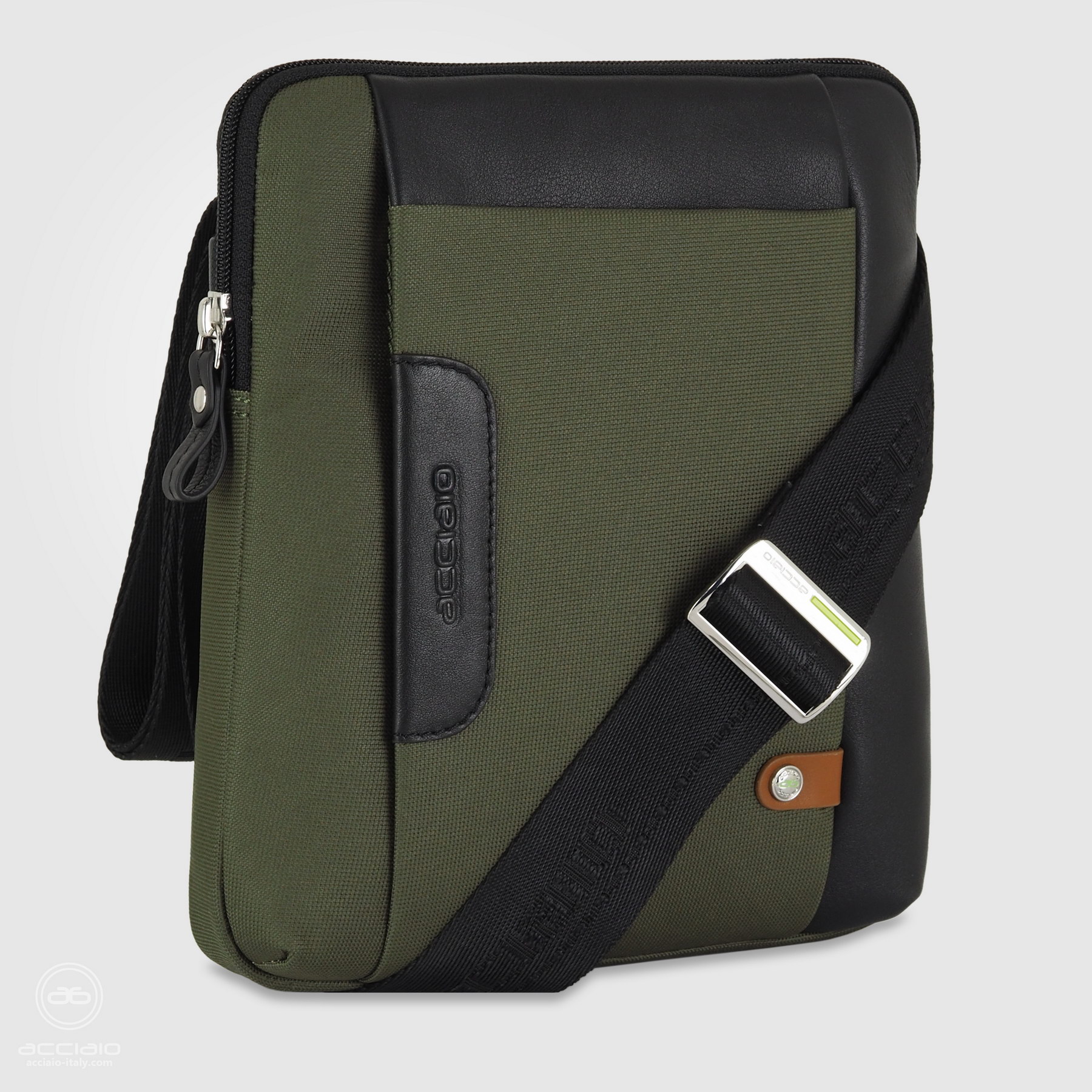men's shoulder bag green in fabric and leather