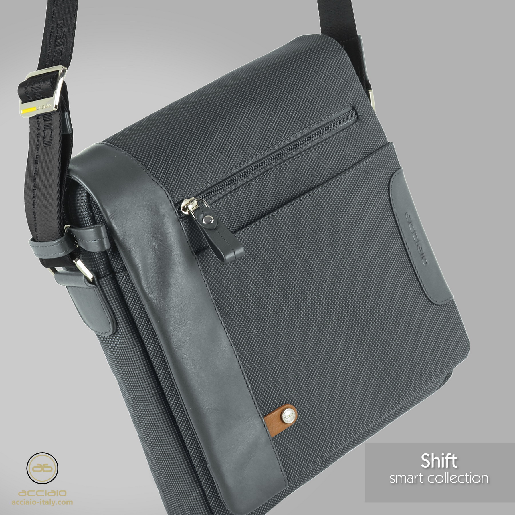 men's shoulder bag with flap in fabric and leather