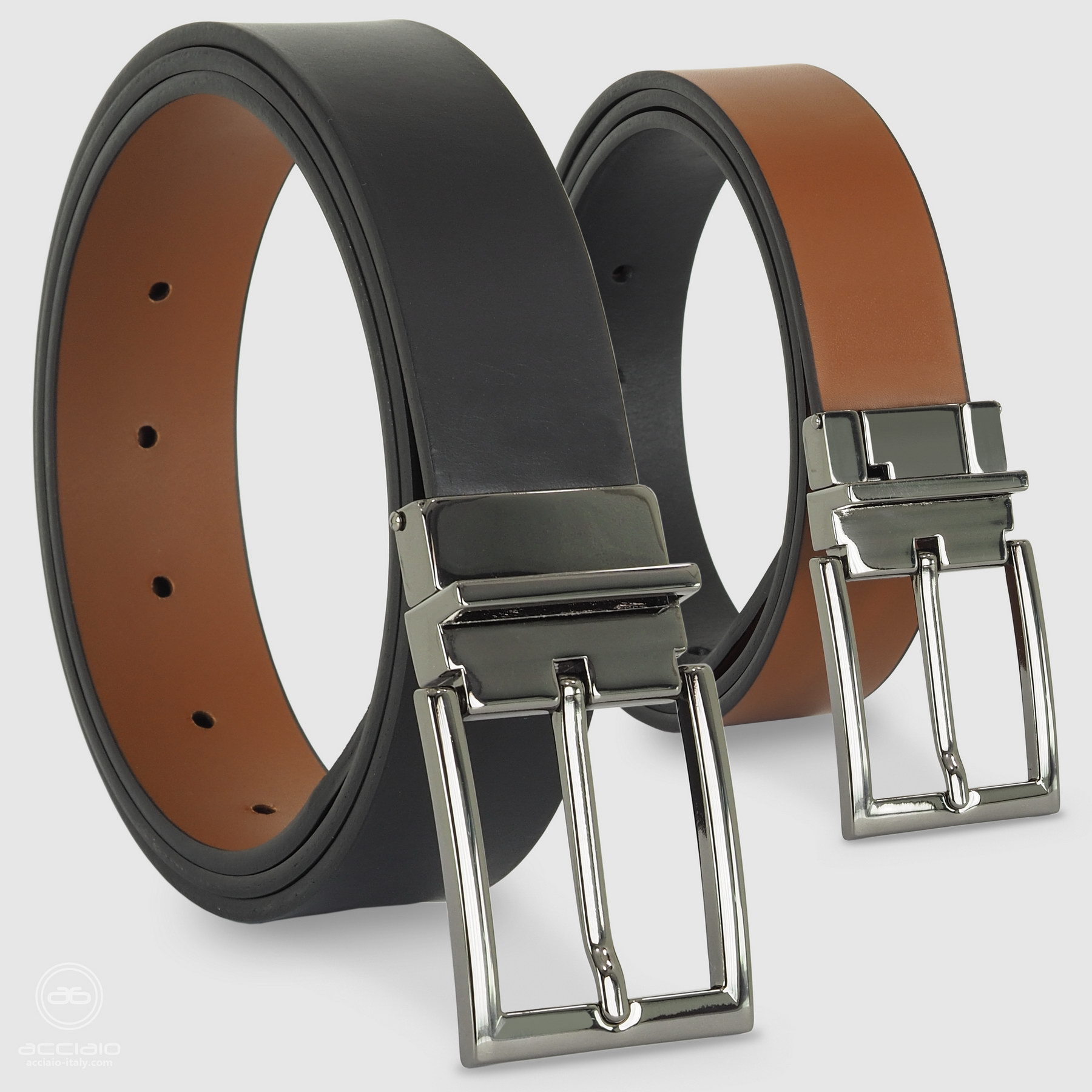 reversible double face men's belt black cognac