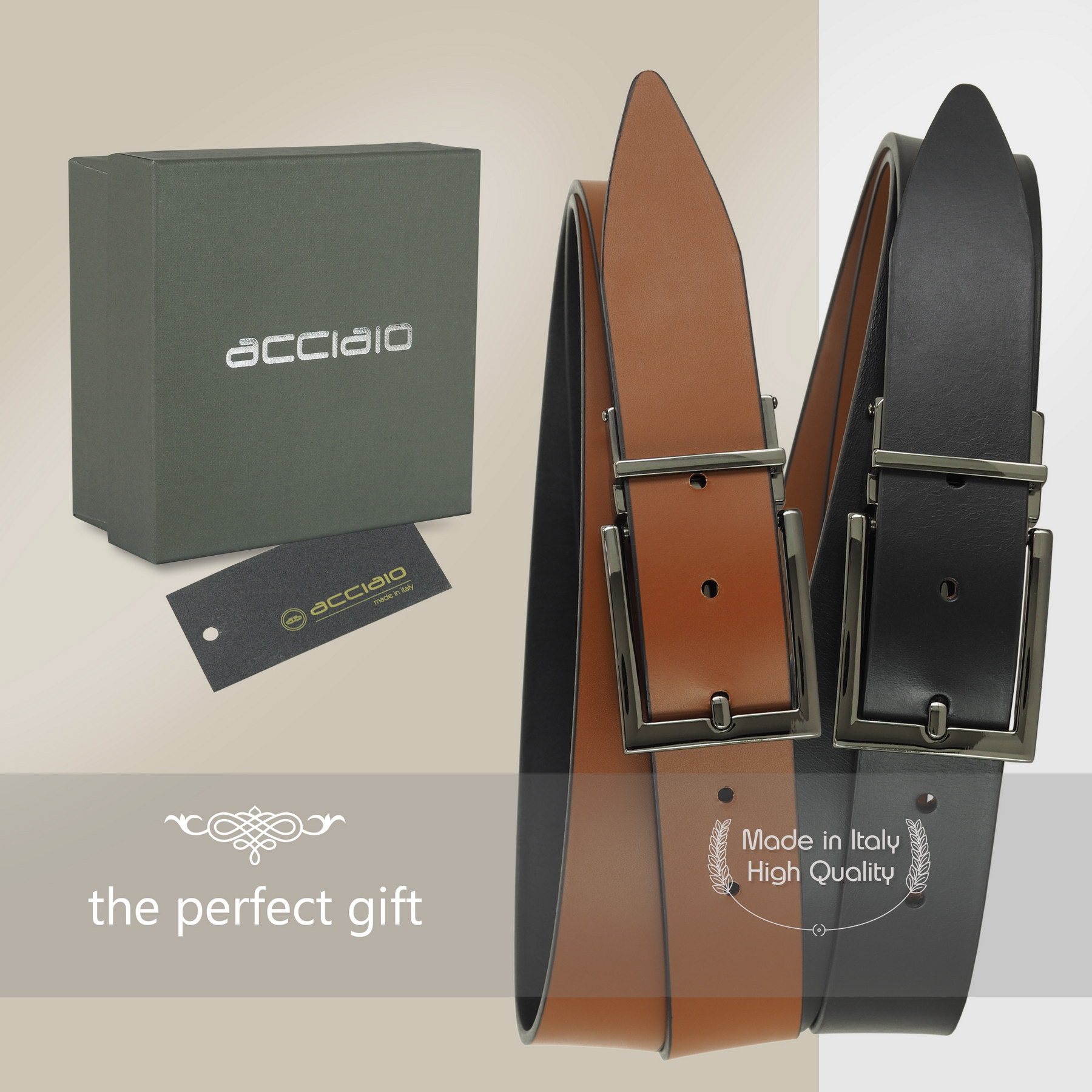 reversible double face men's belt black cognac