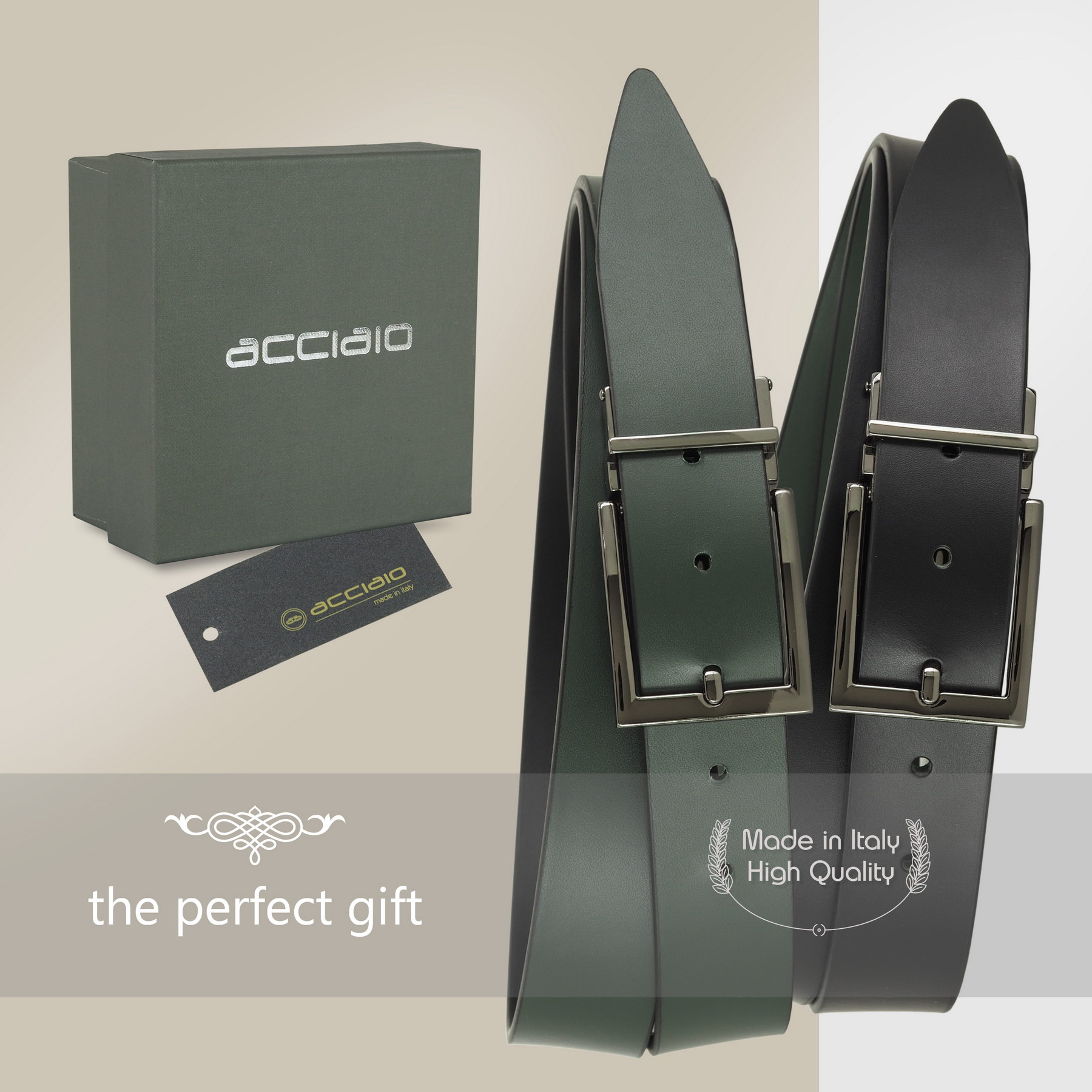 reversible double face men's belt black green