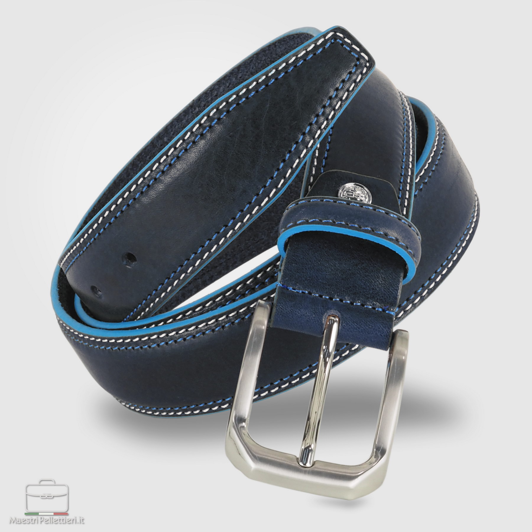 cintura in cuoio Blu con bordi celesti